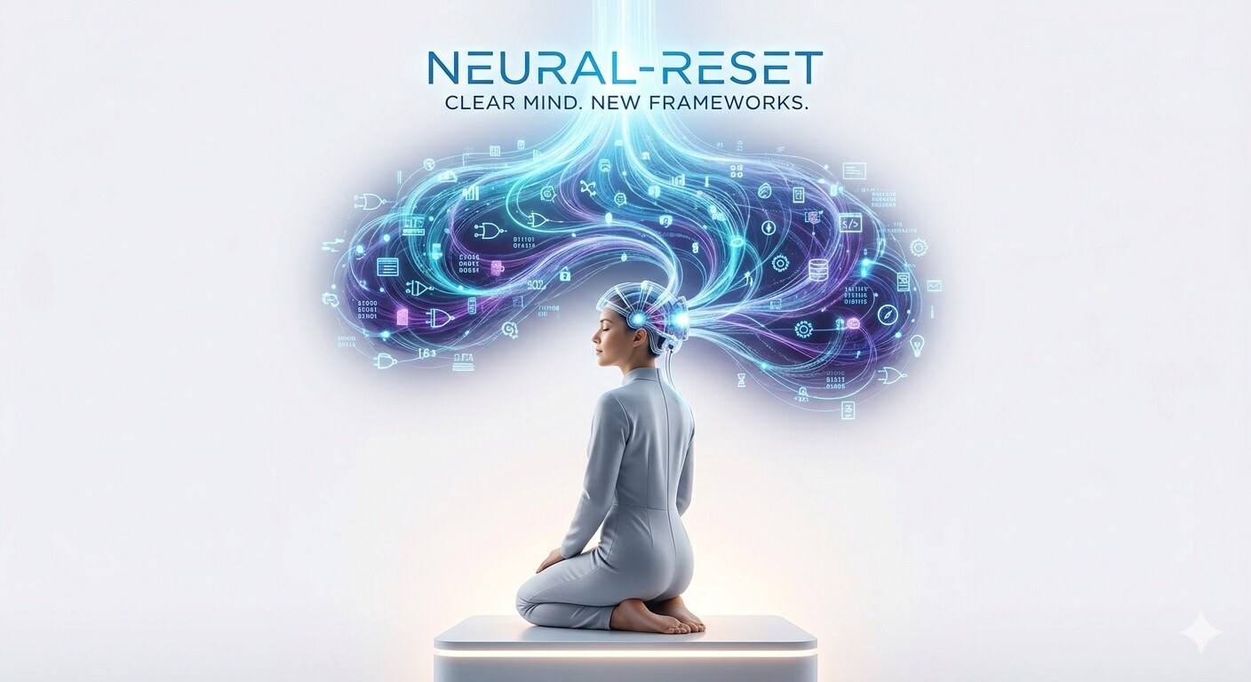 A woman in meditation with a vivid flow of colorful neural energy emerging from her mind — representing the Neural Reset Method